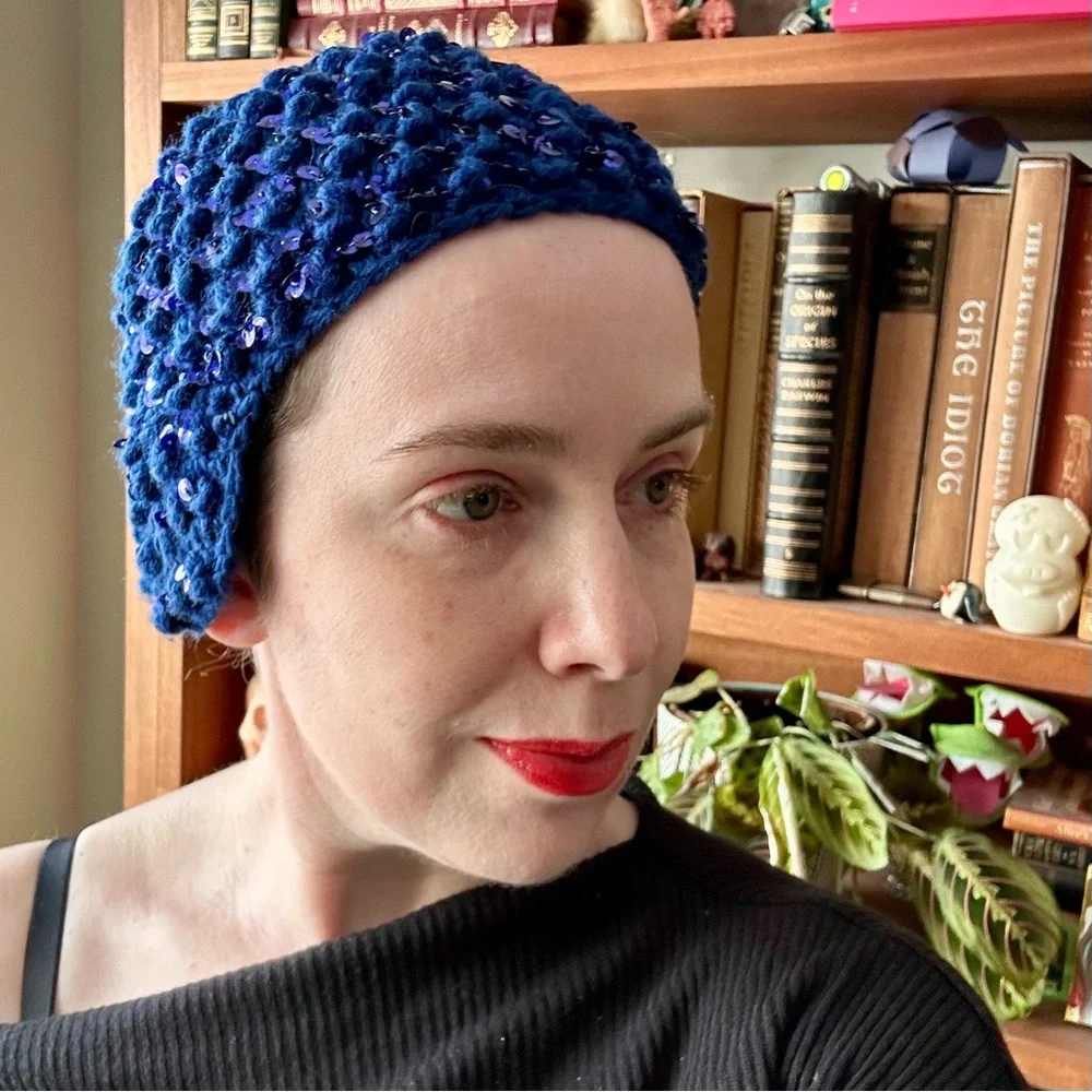 Vintage royal blue knit beaded ear warmer hat - Picture 2 of 3